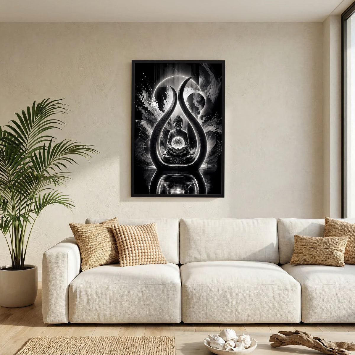 Buddha-Kunstposter in Schwarzweiß: Meditierender Buddha im Tropfen-Licht, schwarzer Rahmen