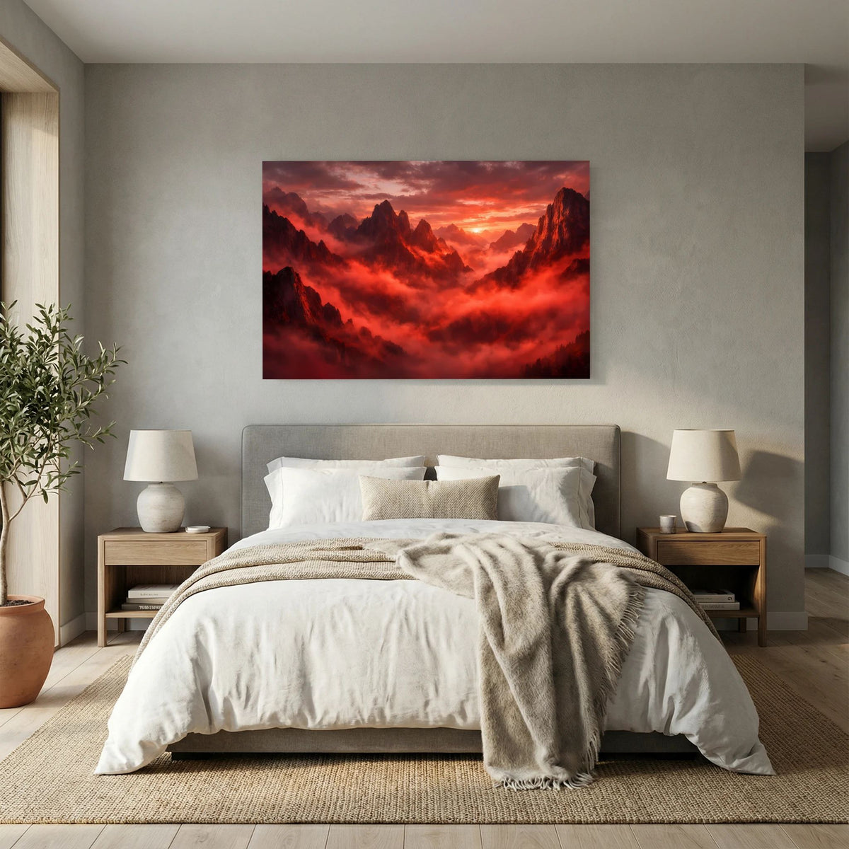 Wandbild im Querformat: rote Berglandschaft im Nebel, glühender Sonnenuntergang