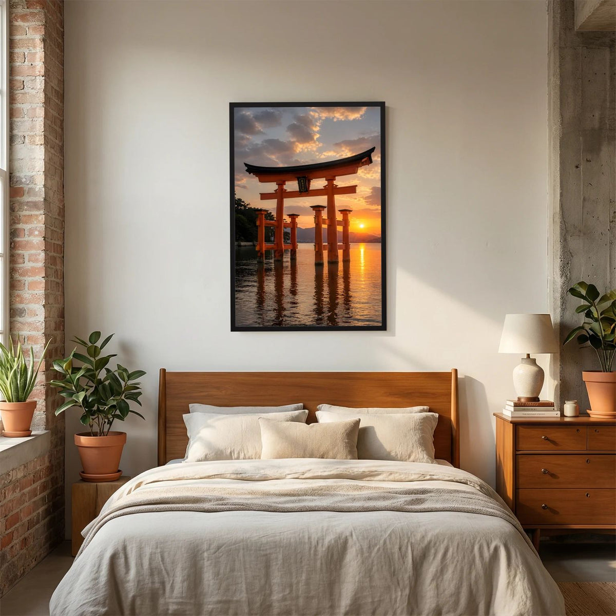 Japan-Torii-Wandposter im schwarzen Rahmen, hochformatig über einem Bett im Schlafzimmer