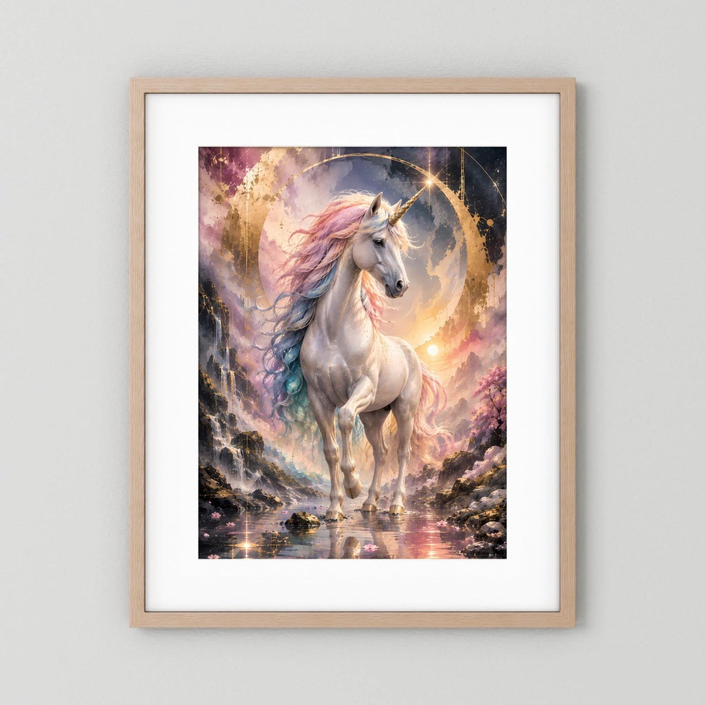 Einhorn-Poster mit hellem Holzrahmen: graues Pferd, pastellfarbene Mähne, goldenes Licht