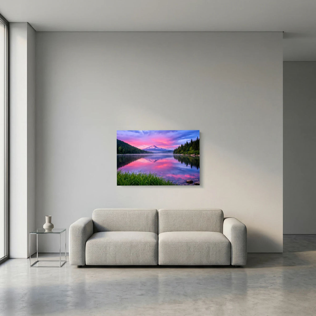 Querformat-Wandbild mit Bergsee bei pinkem Himmel und reflektierender Wasseroberfläche