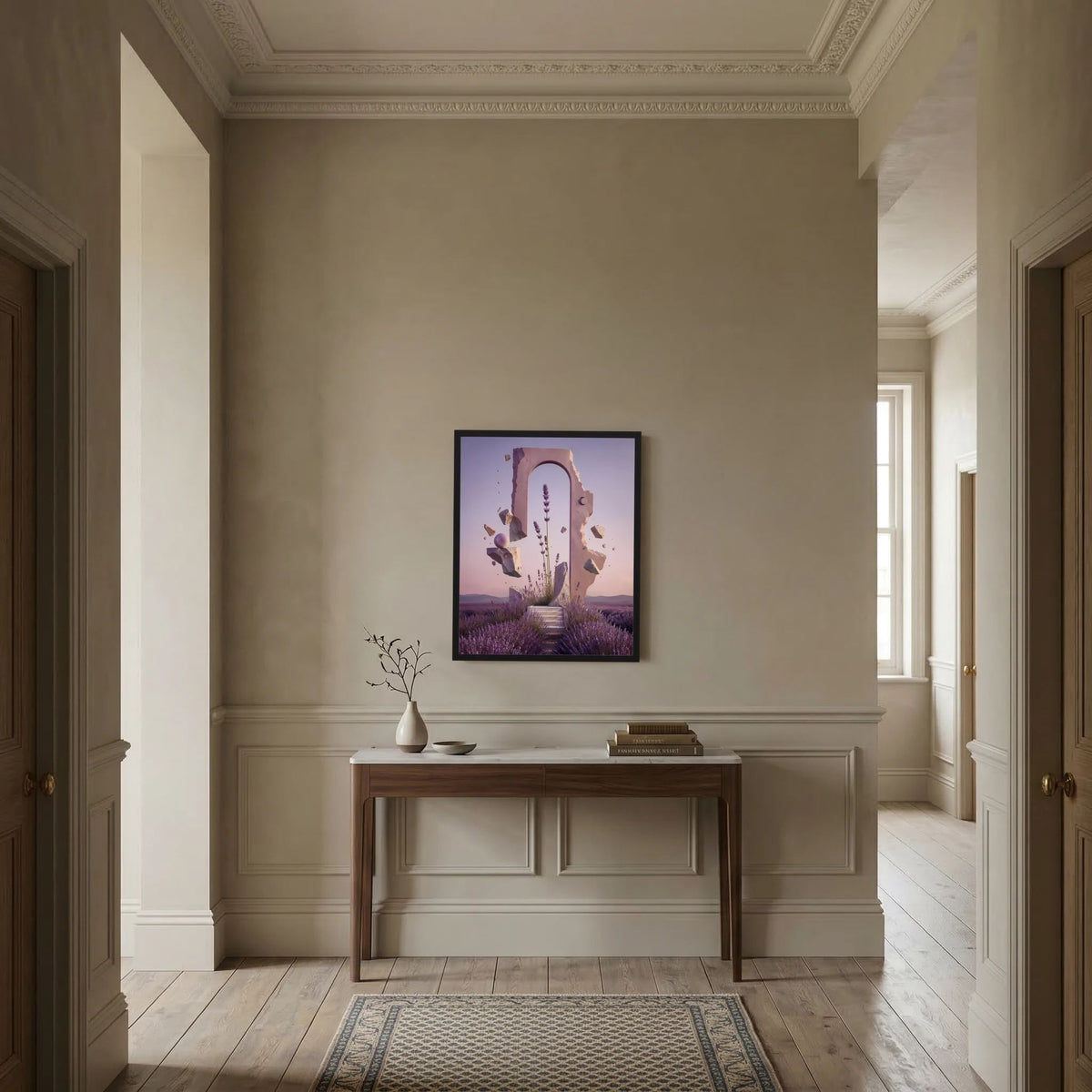 Hochformat-Poster mit schwarzem Rahmen: Lavendelportal mit Treppe im Pastellstil