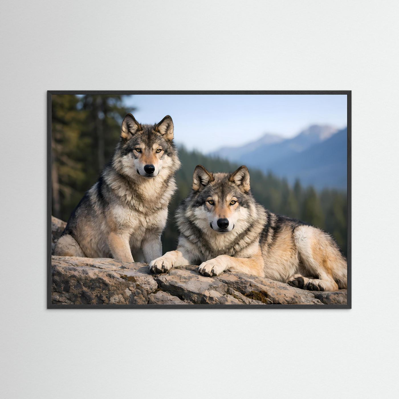 Wolfspaar-Poster mit schwarzem Rahmen: zwei Wölfe auf Felsen, querformat