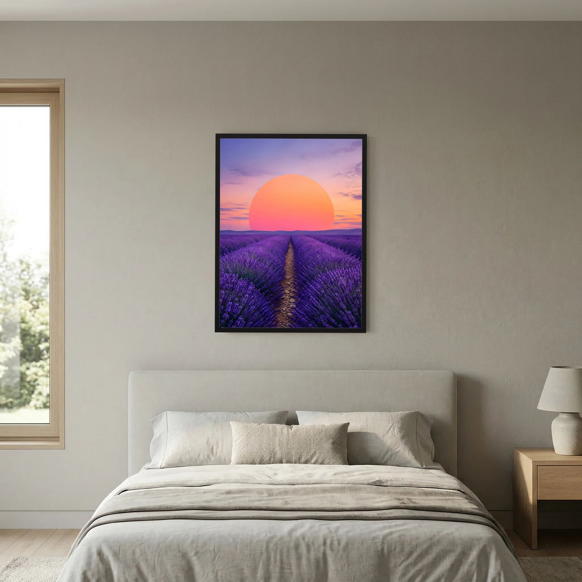 Hochformat-Poster: Lavendelfeld mit violettem Mittelweg und großer orangefarbener Sonne im Sonnenuntergang.