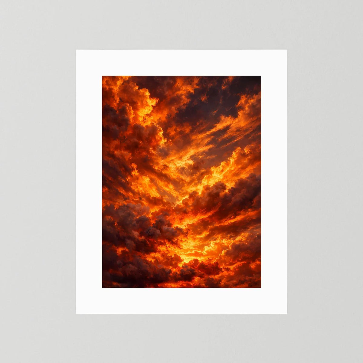 Wandposter ohne Rahmen mit weißem Rand und dramatischen Orange-Rot-Wolken, Hochformat