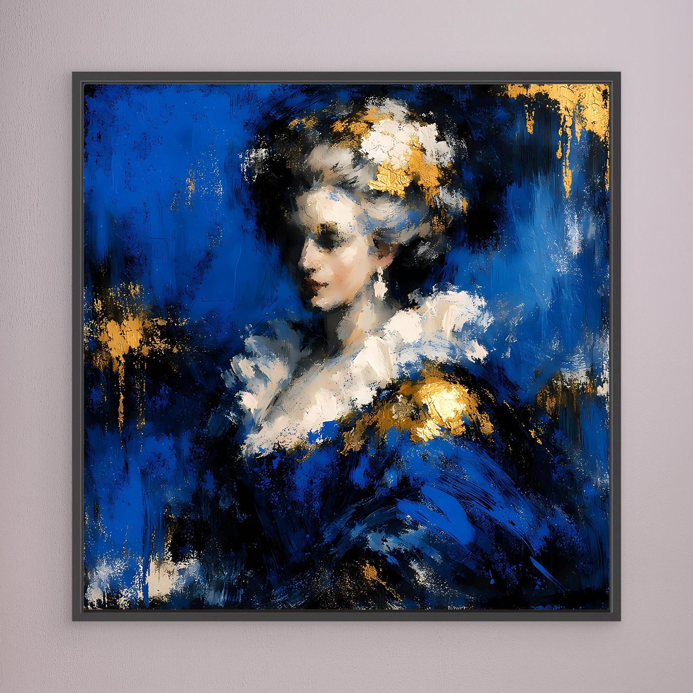 Leinwand Elegante Barock-Dame in Blau und Gold | Abstraktes Porträt Wandbild