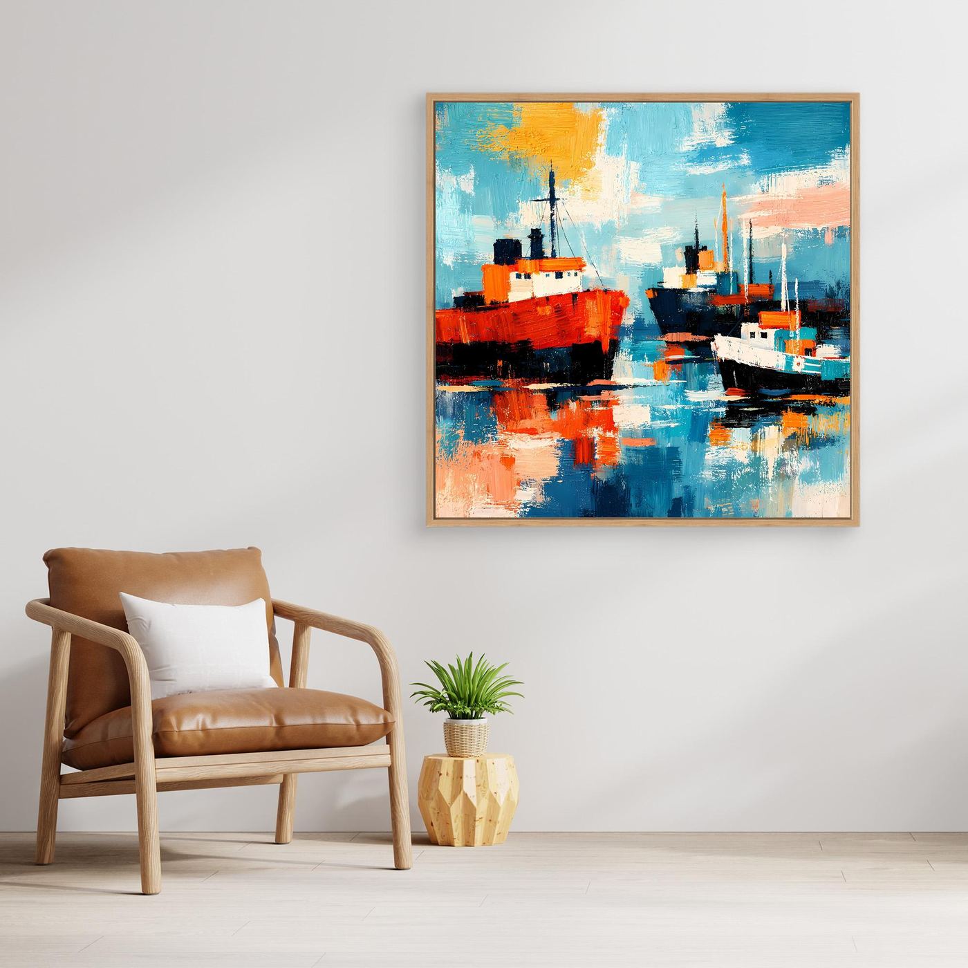 Maritimes Leinwand-Wandbild mit zwei Schiffen im abstrakten Farbspiel, goldbrauner Rahmen.