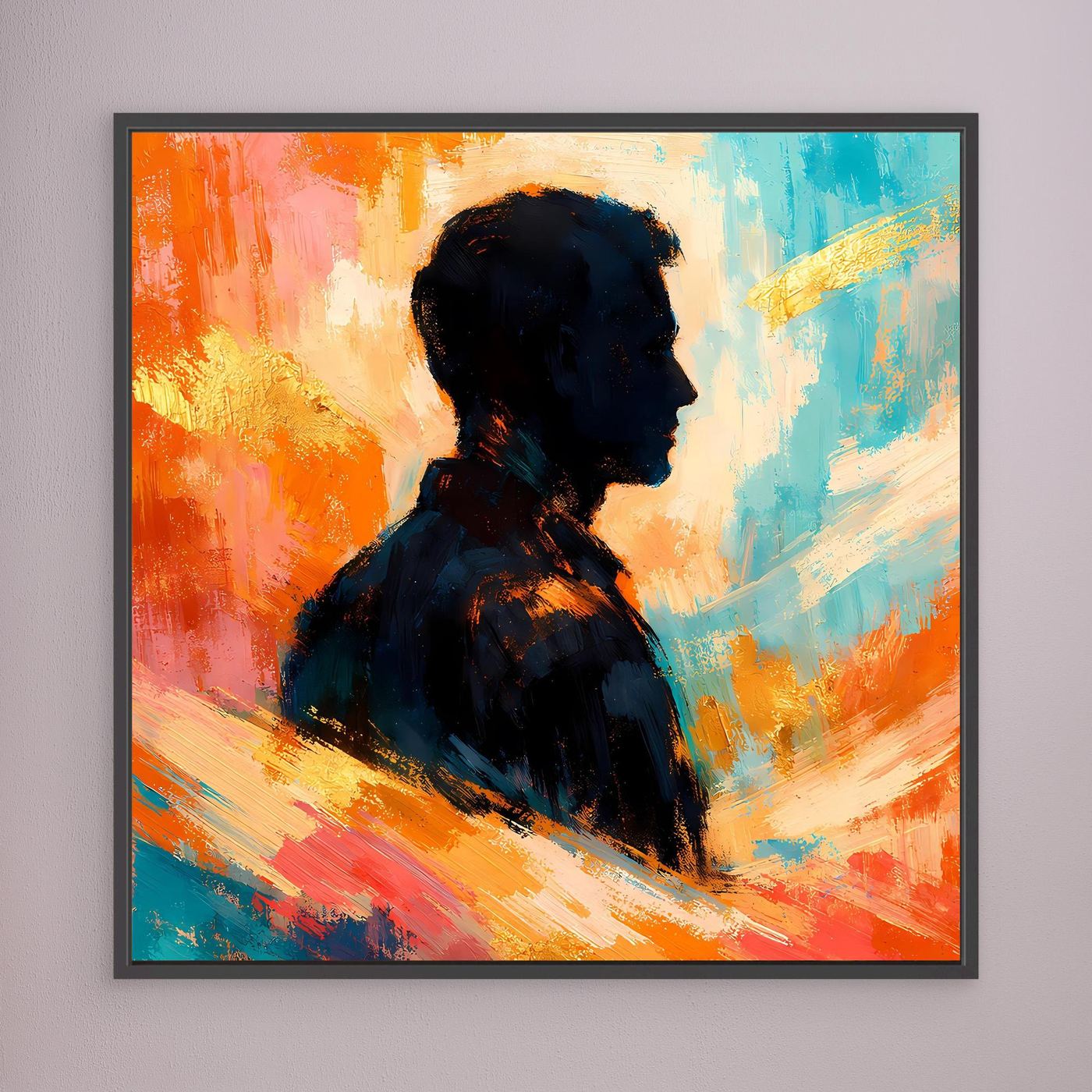 Gerahmtes Leinwandbild mit schwarzem Rahmen und abstrakter Silhouette eines Mannes, Blau-Orange