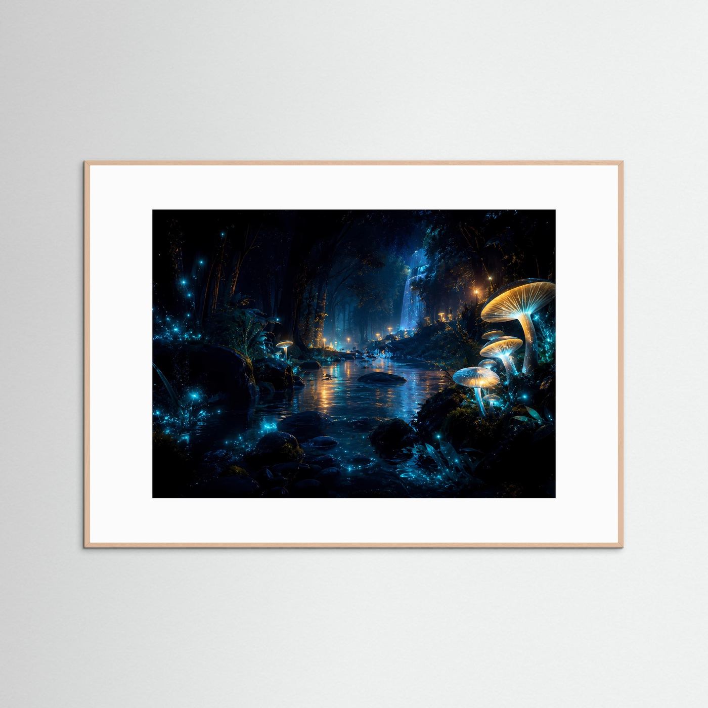 Magischer Nachtwald mit leuchtenden Pilzen | Mystischer Wasserfall in Blau & Gold