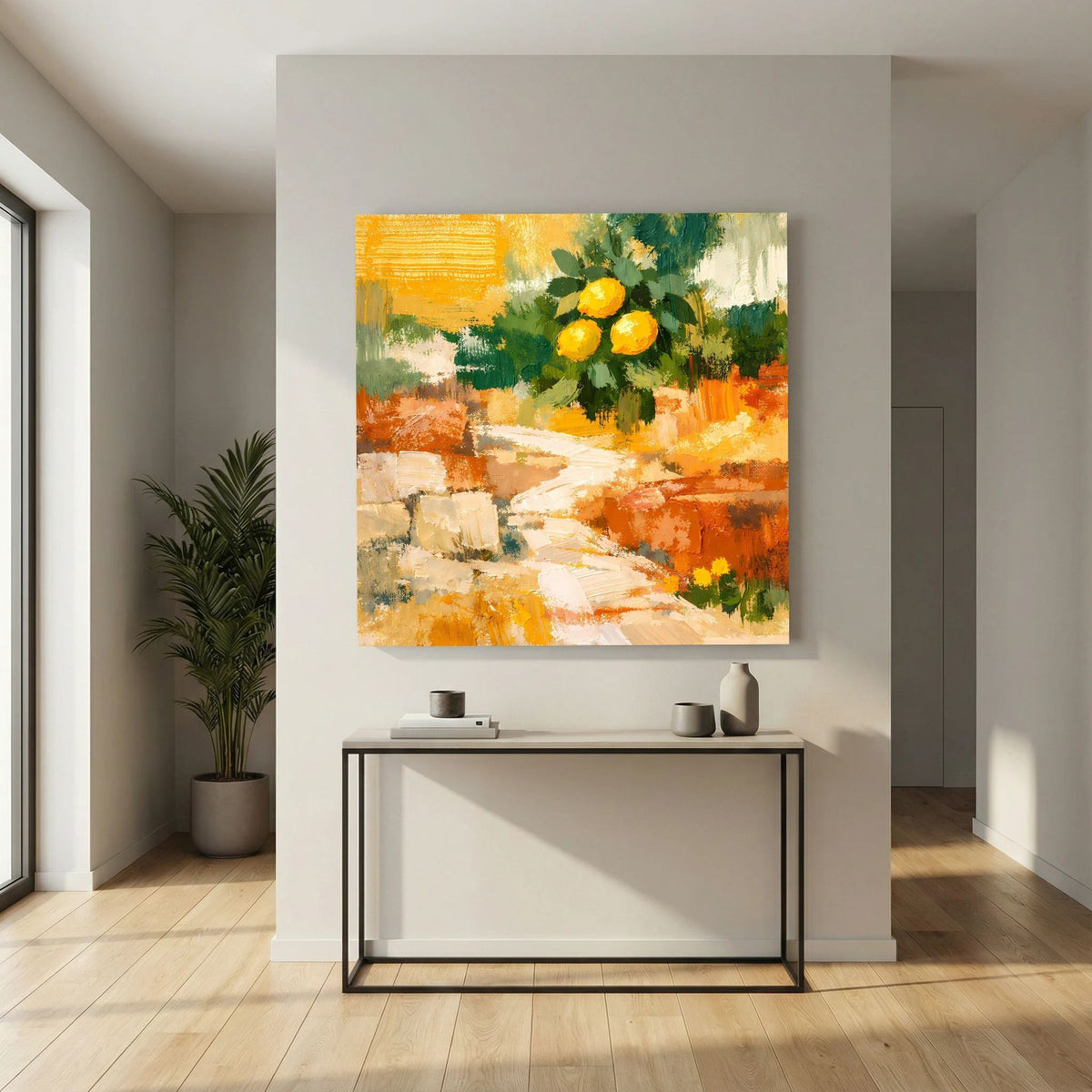 Wandbild mit Zitronenstrauß, grüne Blätter und orange Akzente auf hellen Farbfeldern