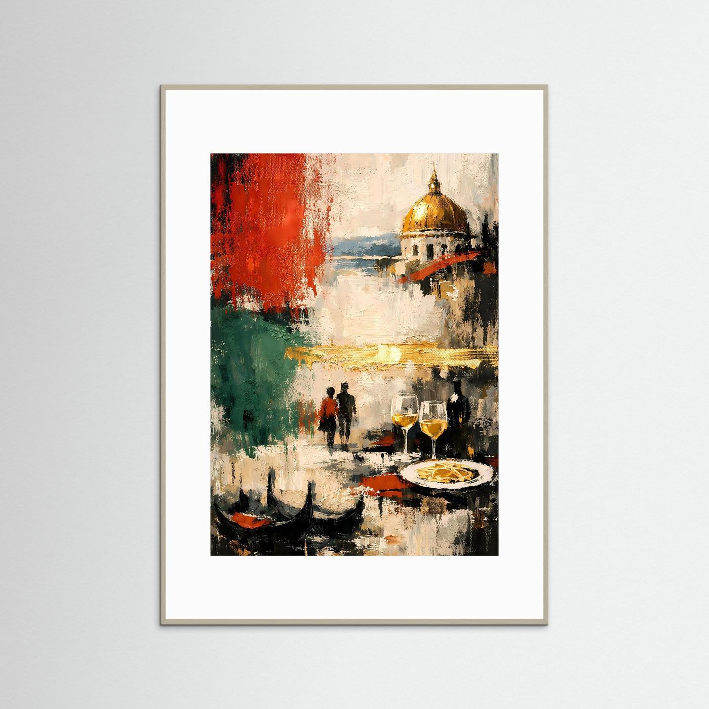 Abstraktes Kunstposter im Hochformat mit rotem Balken und goldener Kuppel, grau gerahmt