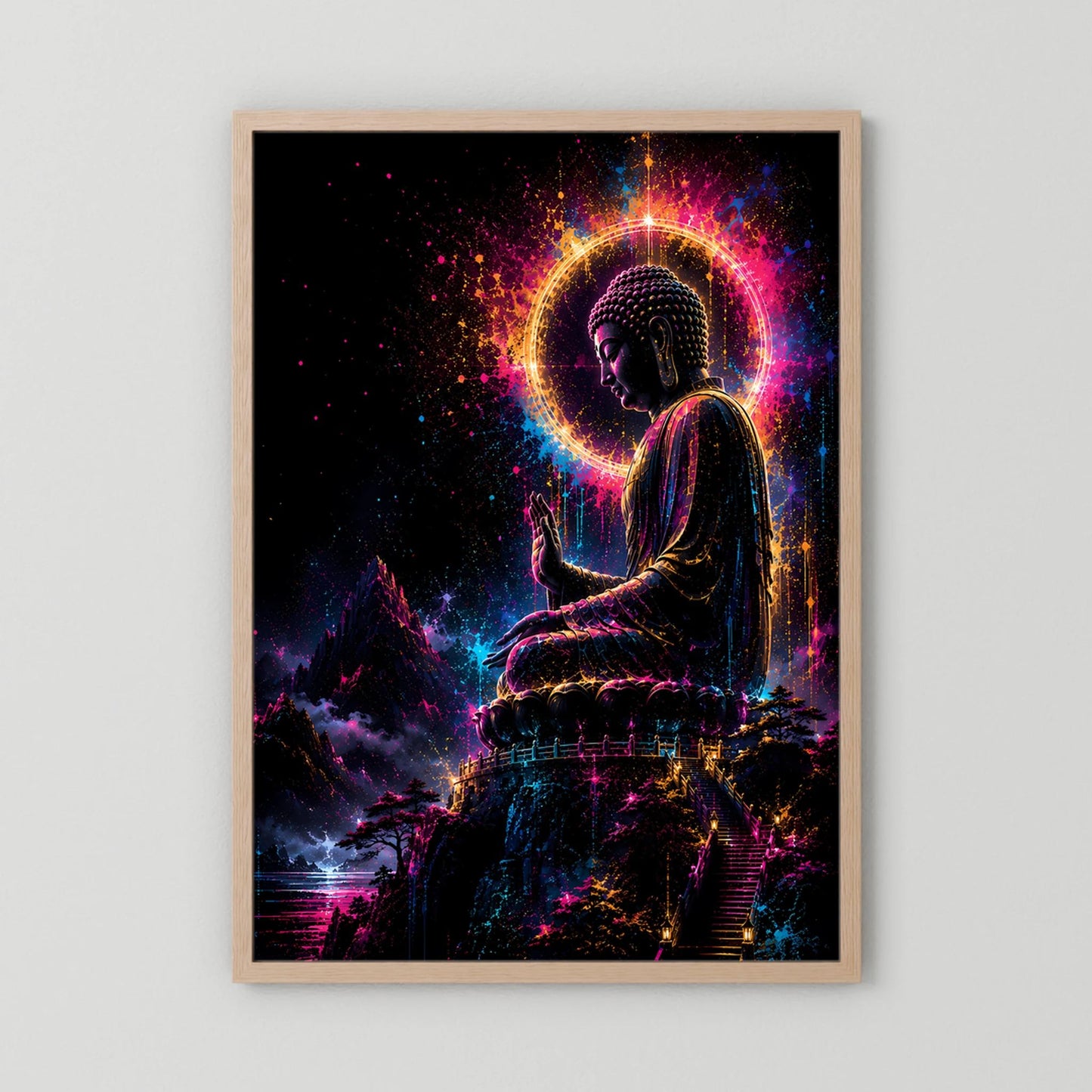 Buddha-Poster im Neonlicht: sitzende Figur mit leuchtender Aura, Holzrahmen (helles Eichenholz)