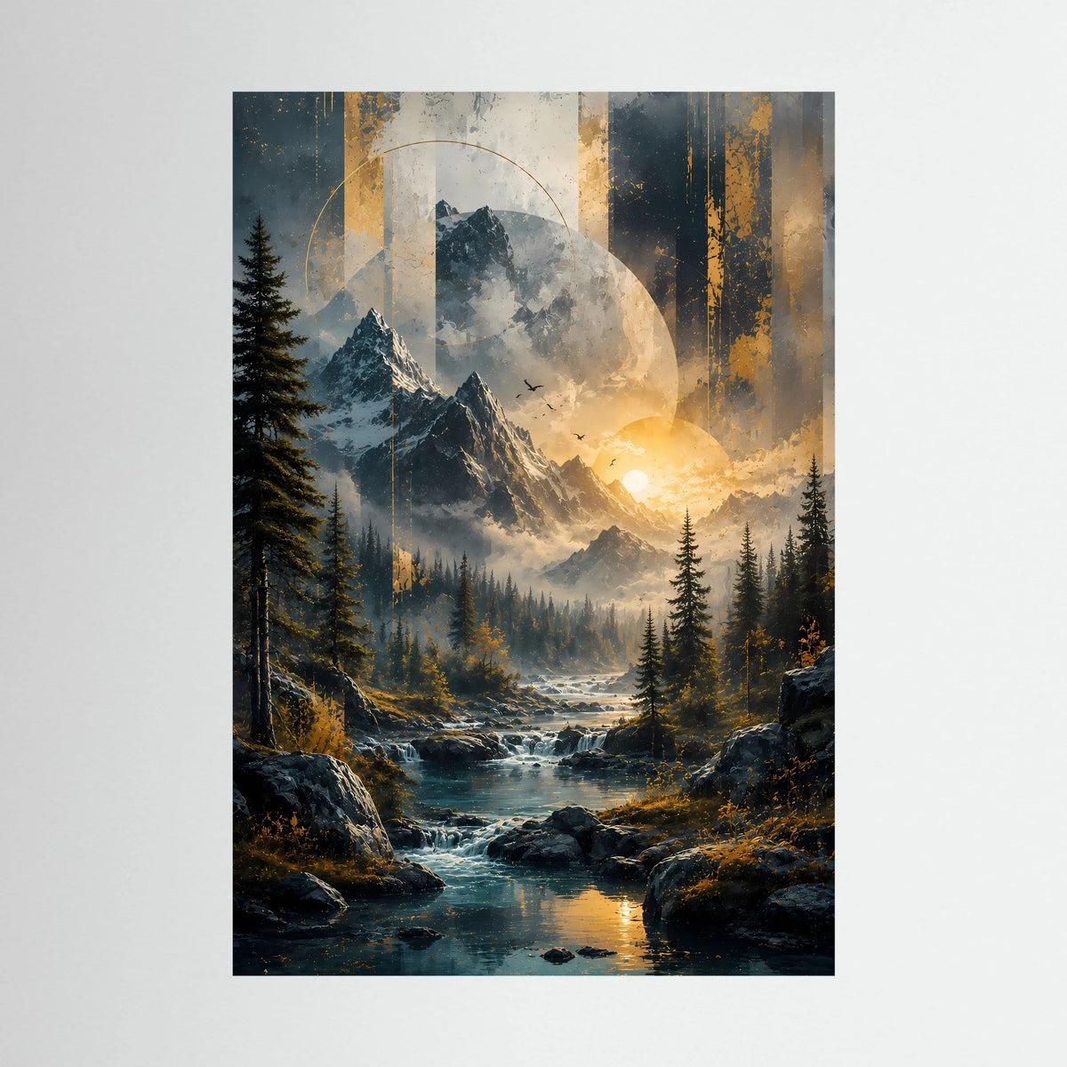 Hochformat-Poster mit Berglandschaft, Fluss und goldfarbenem Sonnenlicht