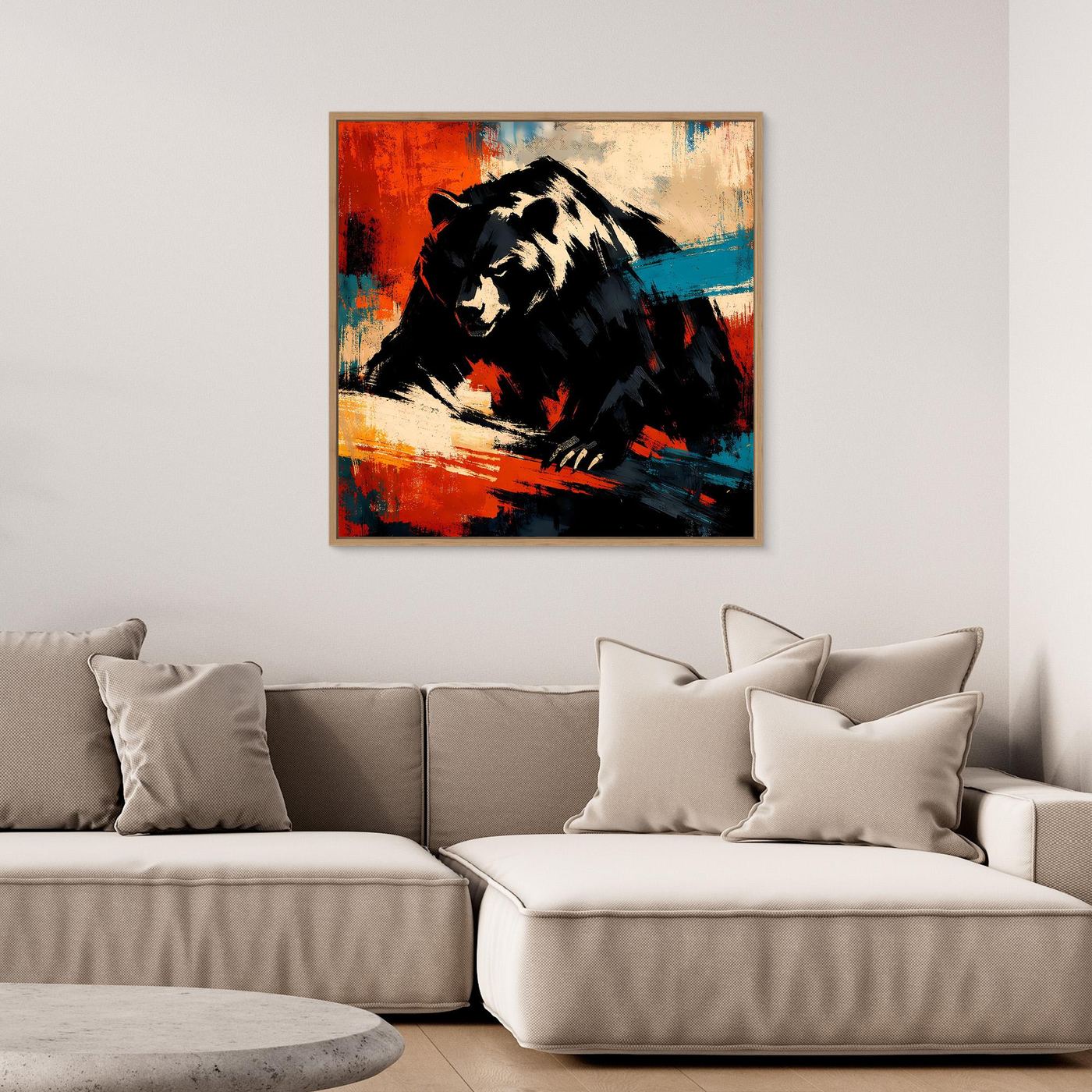 Abstraktes Leinwand-Wandbild mit Grizzlybär-Motiv in kontrastreichen Farbflächen, mit Rahmen