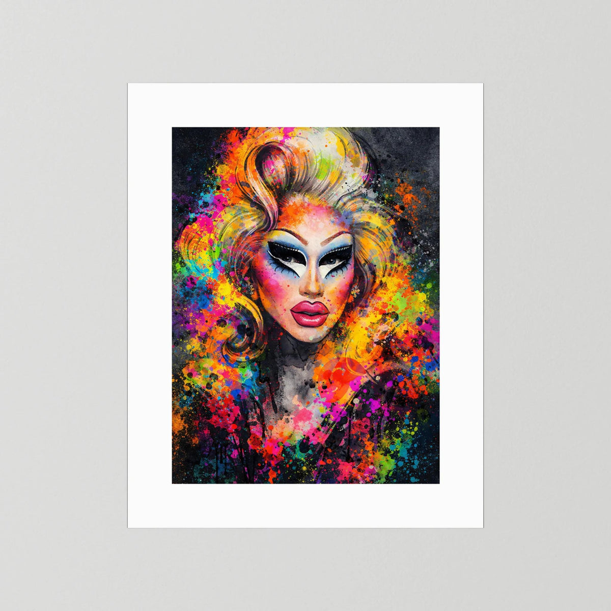 Wandbild: Drag-Queen-Porträt, abstrakt bunt, weißes Passepartout, Hochformat