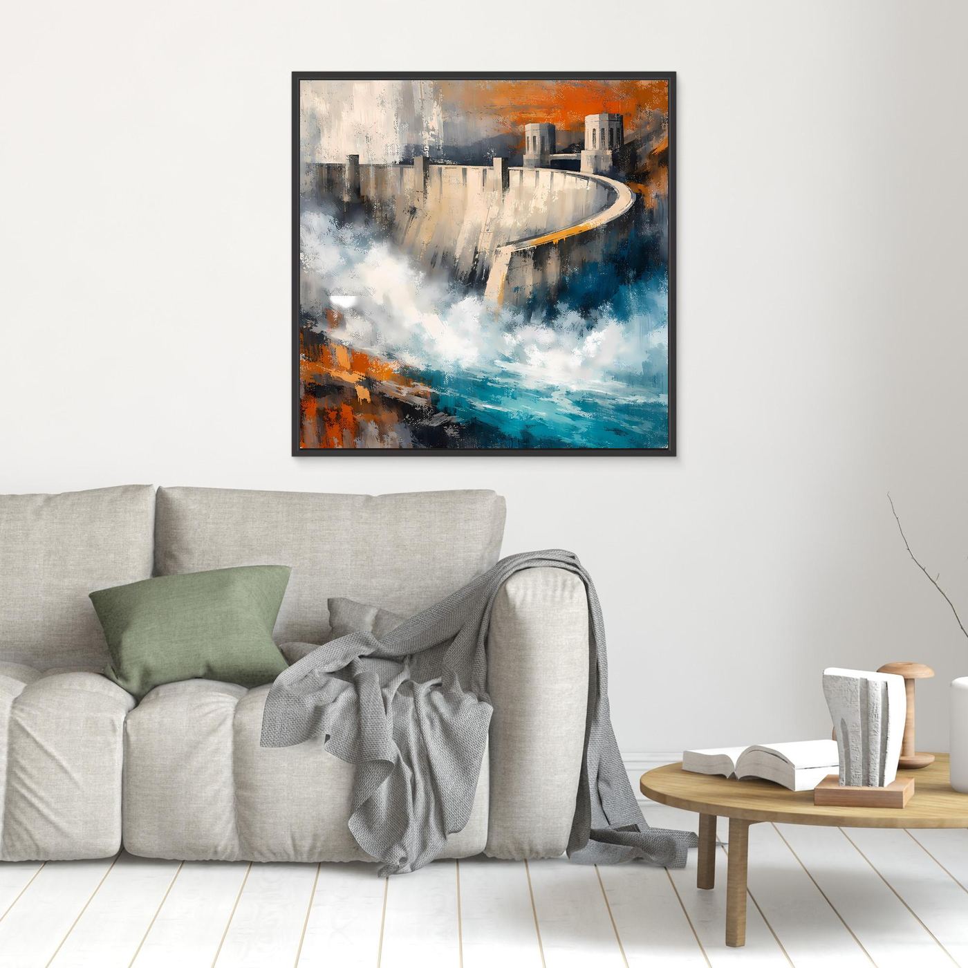 Abstraktes Leinwand-Wandbild mit schwarzem Rahmen, Talsperre in Blau-Orange-Tönen