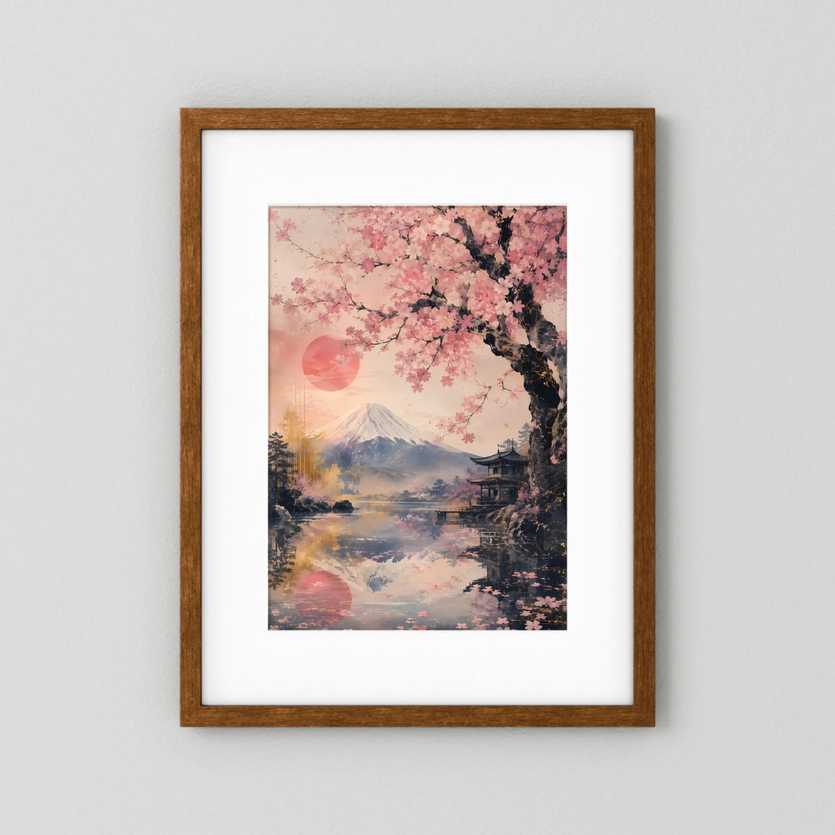 Hochformat-Poster im braunen Holzrahmen mit weißem Rand: Sakura, Fuji und Pagode