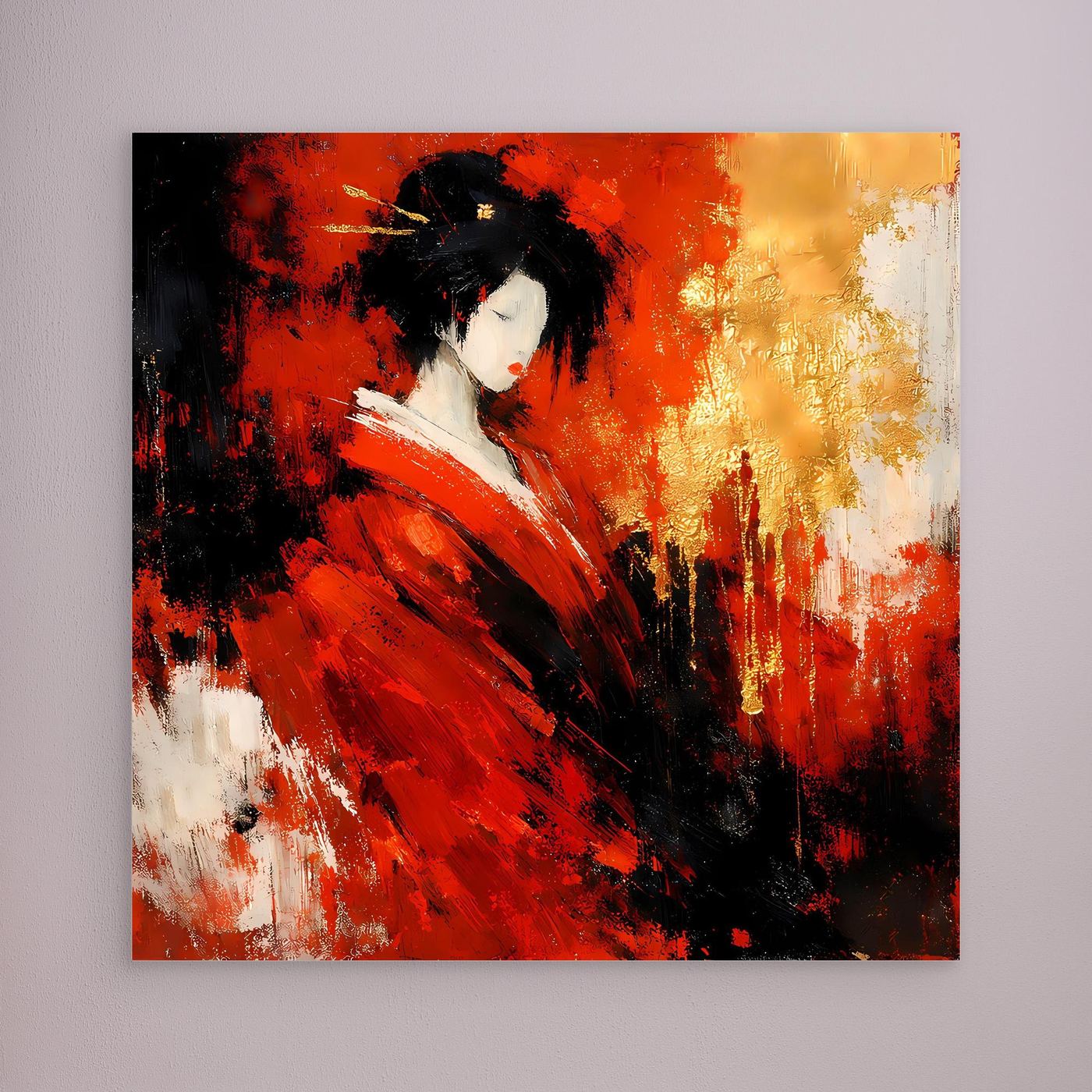 Leinwand Elegante Geisha im Roten Kimono | Abstraktes Asiatisches Wandbild Moderne Kunst