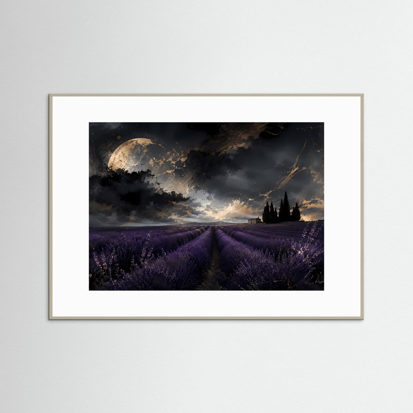 Nächtliches Lavendelfeld in der Provence | Mystisches Poster mit Mond & Gold | Wandbild Querformat