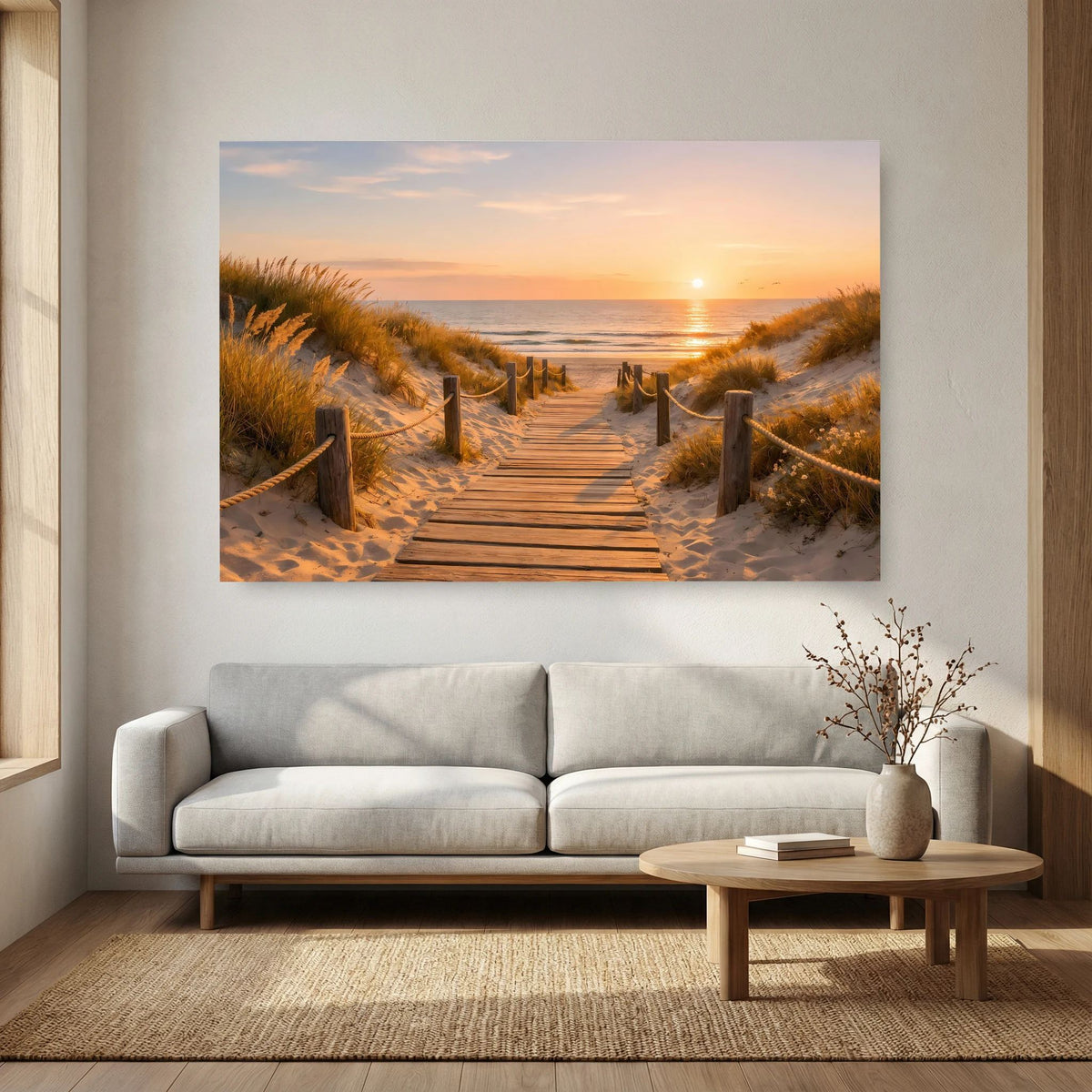 Wandbild mit Dünenweg und Holzsteg Richtung Meer bei Sonnenuntergang