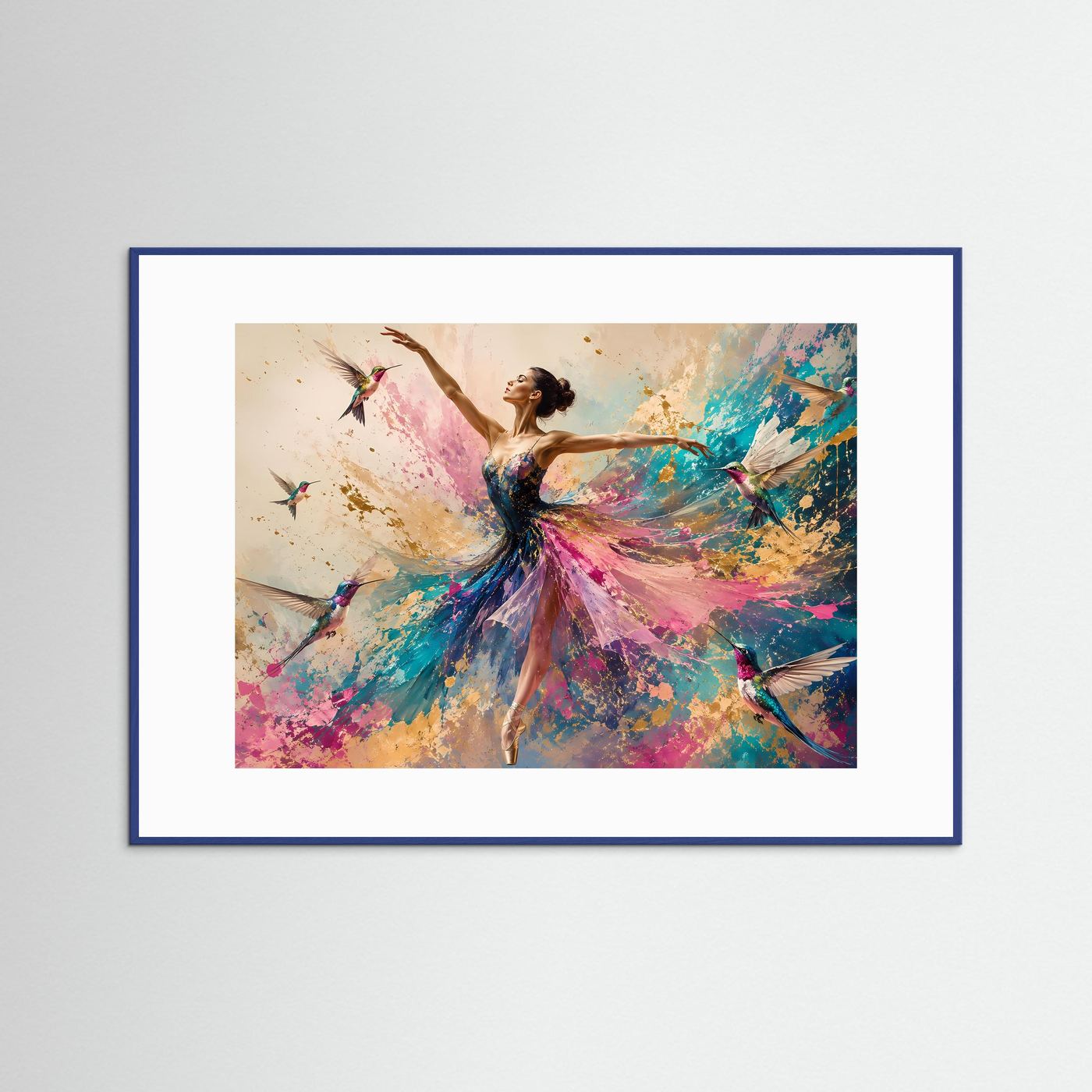 Ballerina mit Kolibris Poster | Elegante Tanzkunst Wandbild | Abstrakte Ballett Kunst | Farbenfroher Fine Art Print | Modernes Wandbild