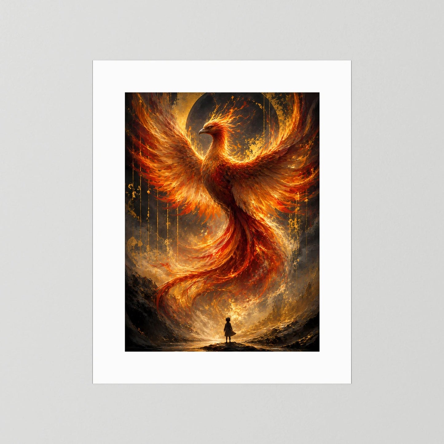 Hochformatiges Poster mit gold-orange Phönix aus Feuer, weißer Rahmen