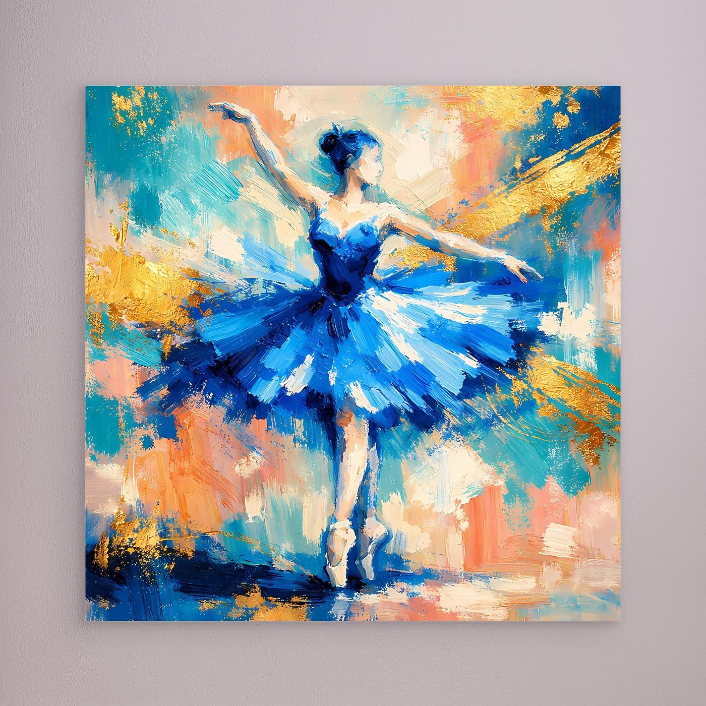 Leinwandbild mit abstrakter Ballerina in Blau ohne sichtbaren Rahmen