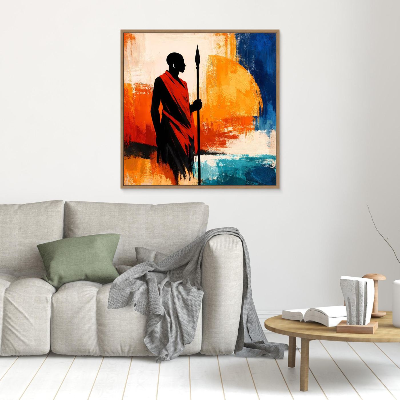 Leinwand Afrikanischer Krieger bei Sonnenuntergang | Modernes Ethno Silhouette Wandbild