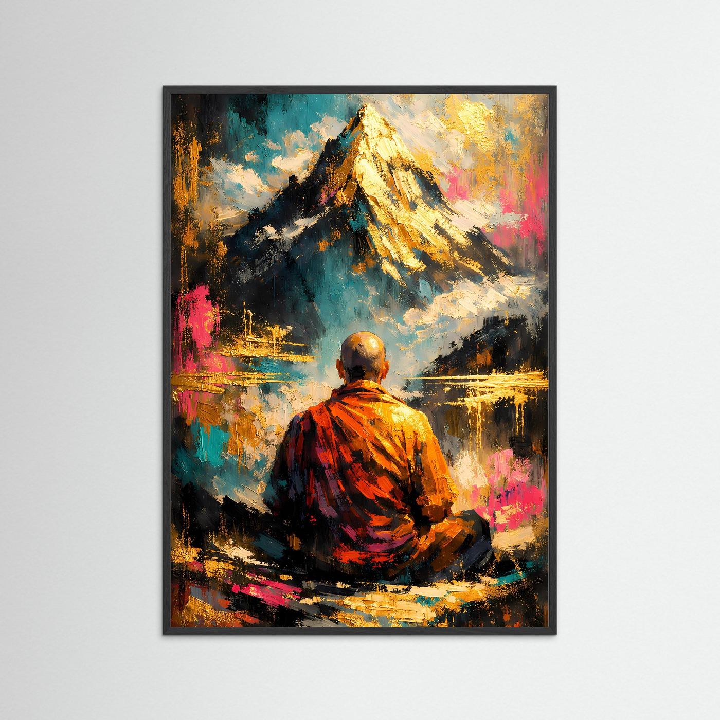 Hochformatiges Kunstposter mit sitzendem Mönch, Bergspitze in Gelb, buntem Farbauftrag, anthrazitfarbener Rahmen