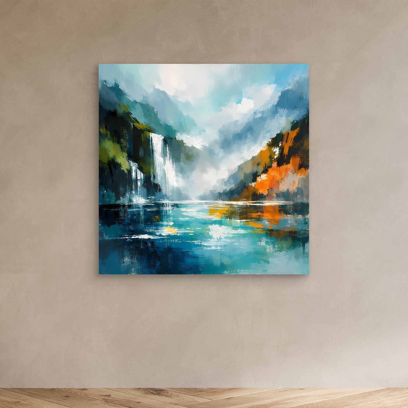 Abstraktes Wandbild mit Wasserfall und Fjord, türkis/blau, ohne Rahmen.
