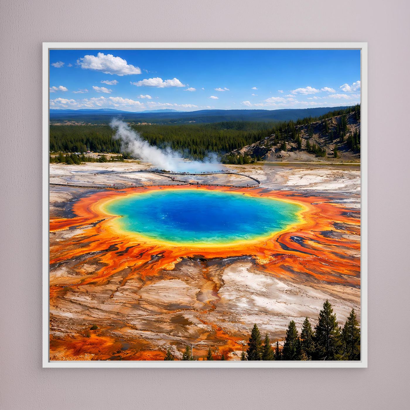 Gerahmtes Leinwandbild Grand Prismatic Spring mit türkis-blauem Becken und orangefarbenen Kanten