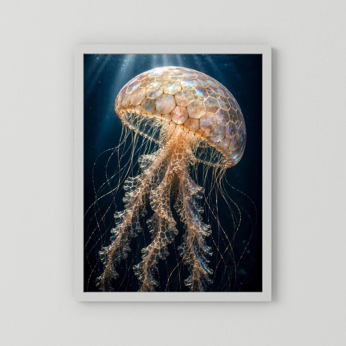 Hochformat-Poster: leuchtende Qualle in Perlmutt & Gold, weißer Rahmen