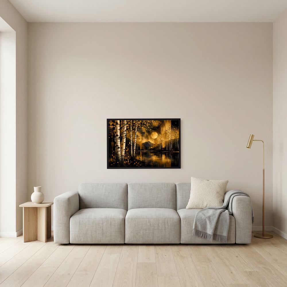 Gerahmtes Poster mit Birkenwald, See und goldener Sonne, abstrakte Waldlandschaft