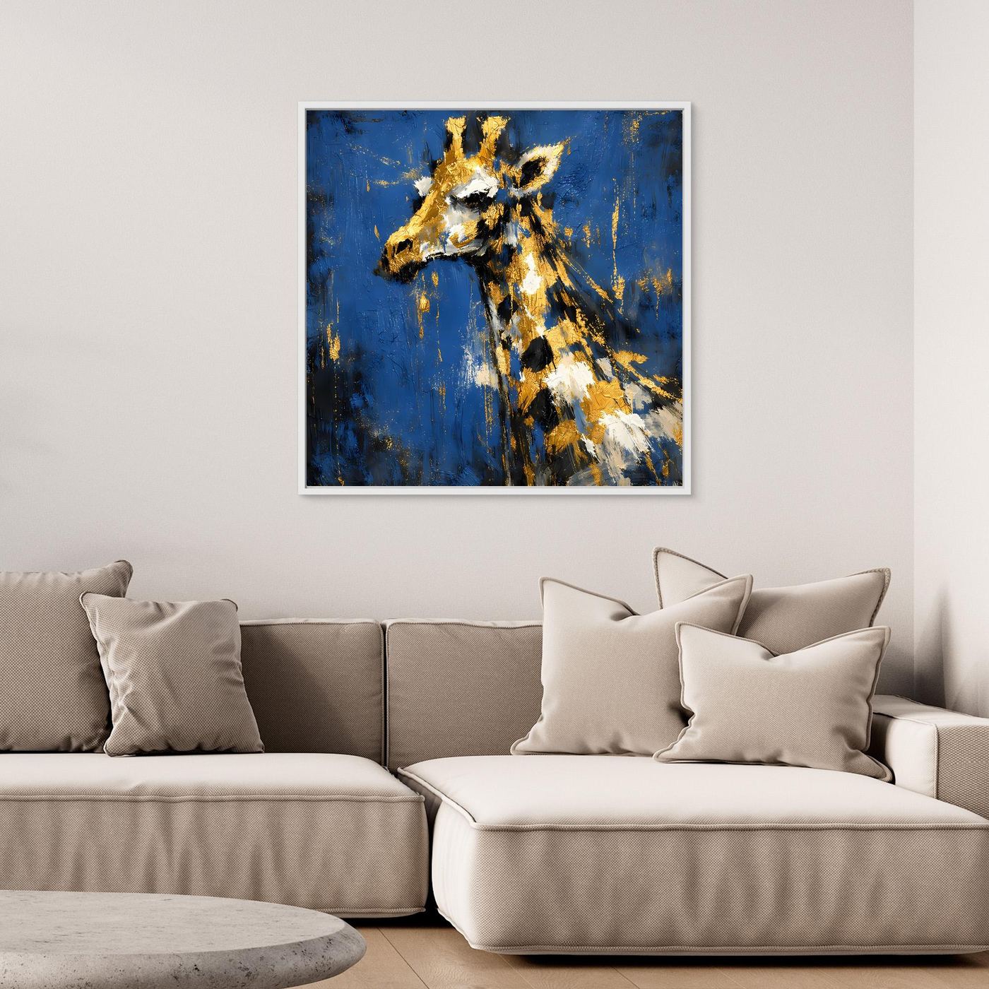 Leinwand Elegante Giraffe in Gold und Blau | Abstraktes Tier Wandbild