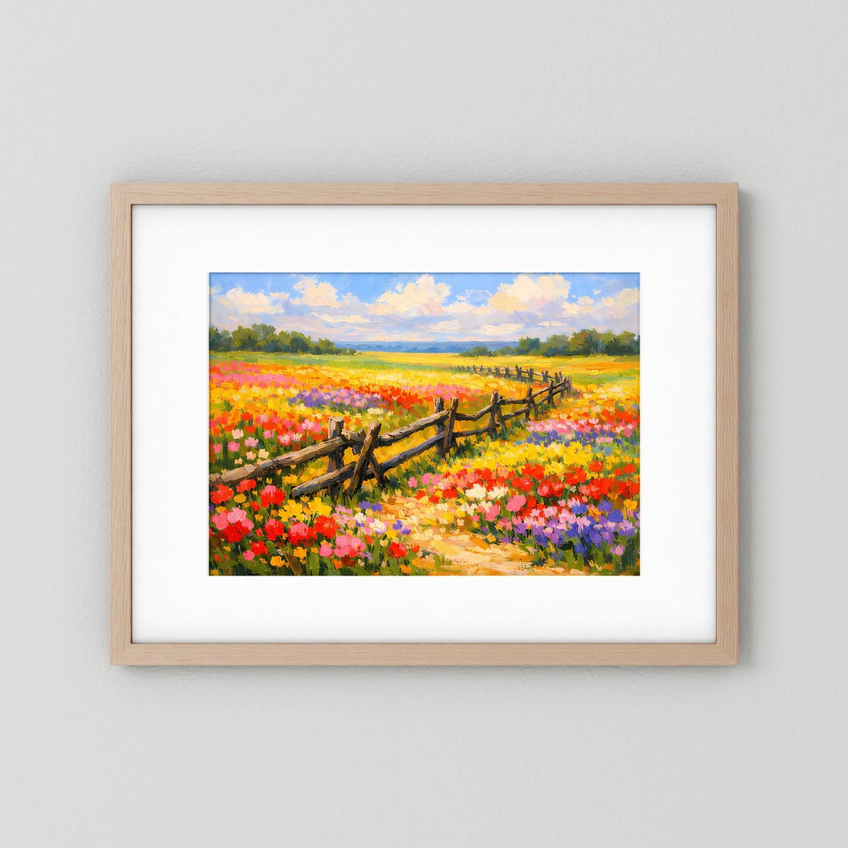 Wandbild-Poster mit blühender Sommerwiese und Holzzaun im Querformat, Holzrahmen