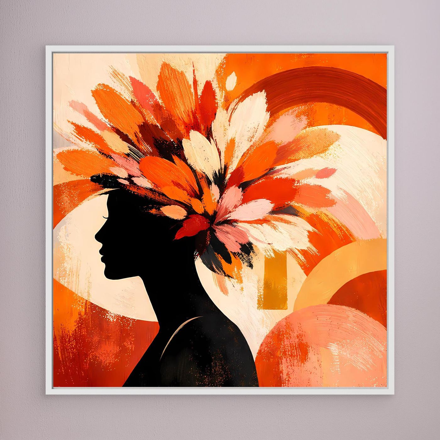 Leinwandbild mit Silhouette einer Frau und buntem Blumenkranz, abstrakt, weiß gerahmt