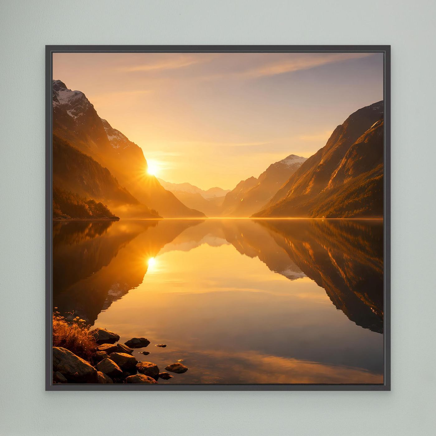 Leinwandbild mit Sonnenaufgang über Fjord, spiegelndes Bergtal, schwarzer Rahmen.