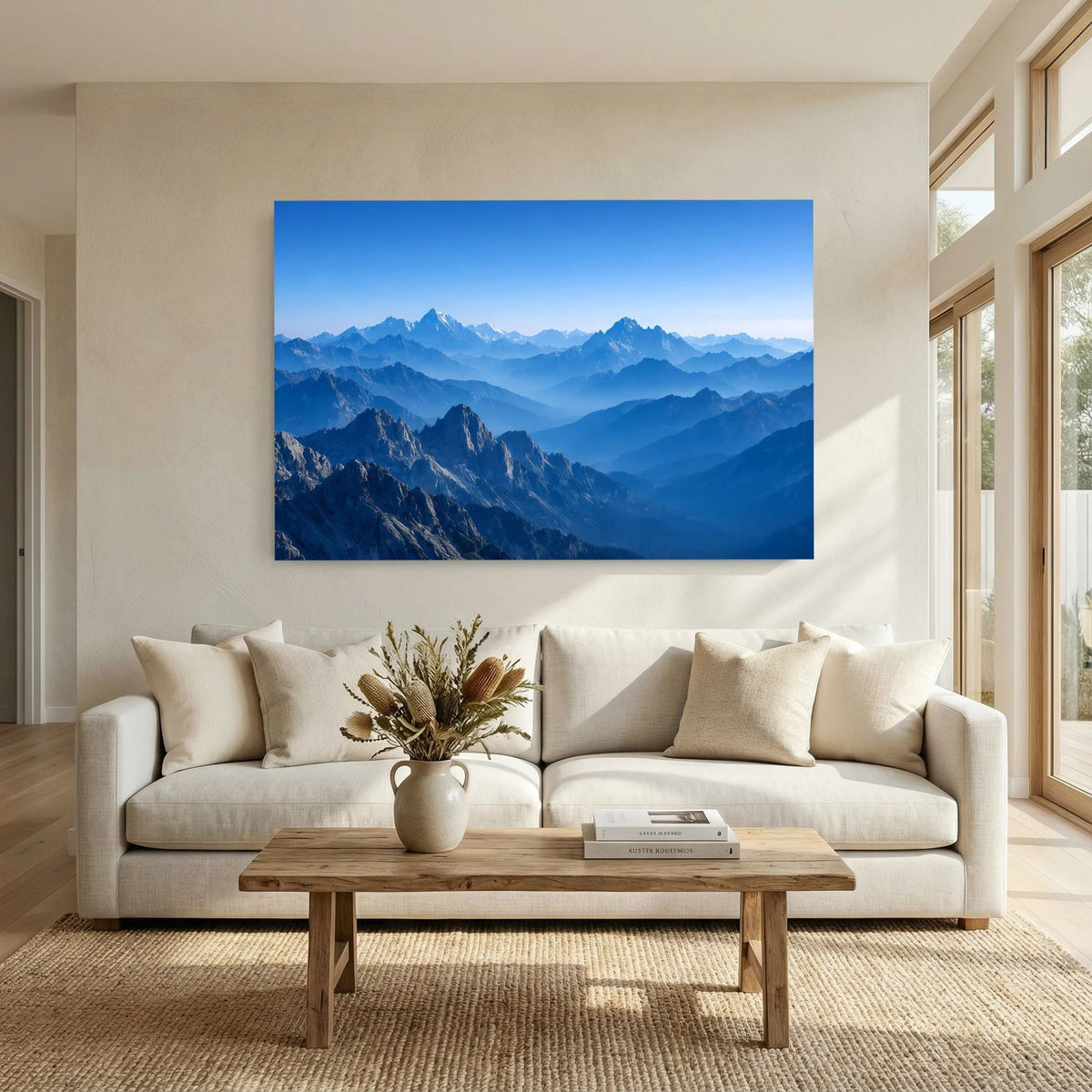 Wandposter mit blauer Bergkette und nebligen Tälern, horizontales Querformat