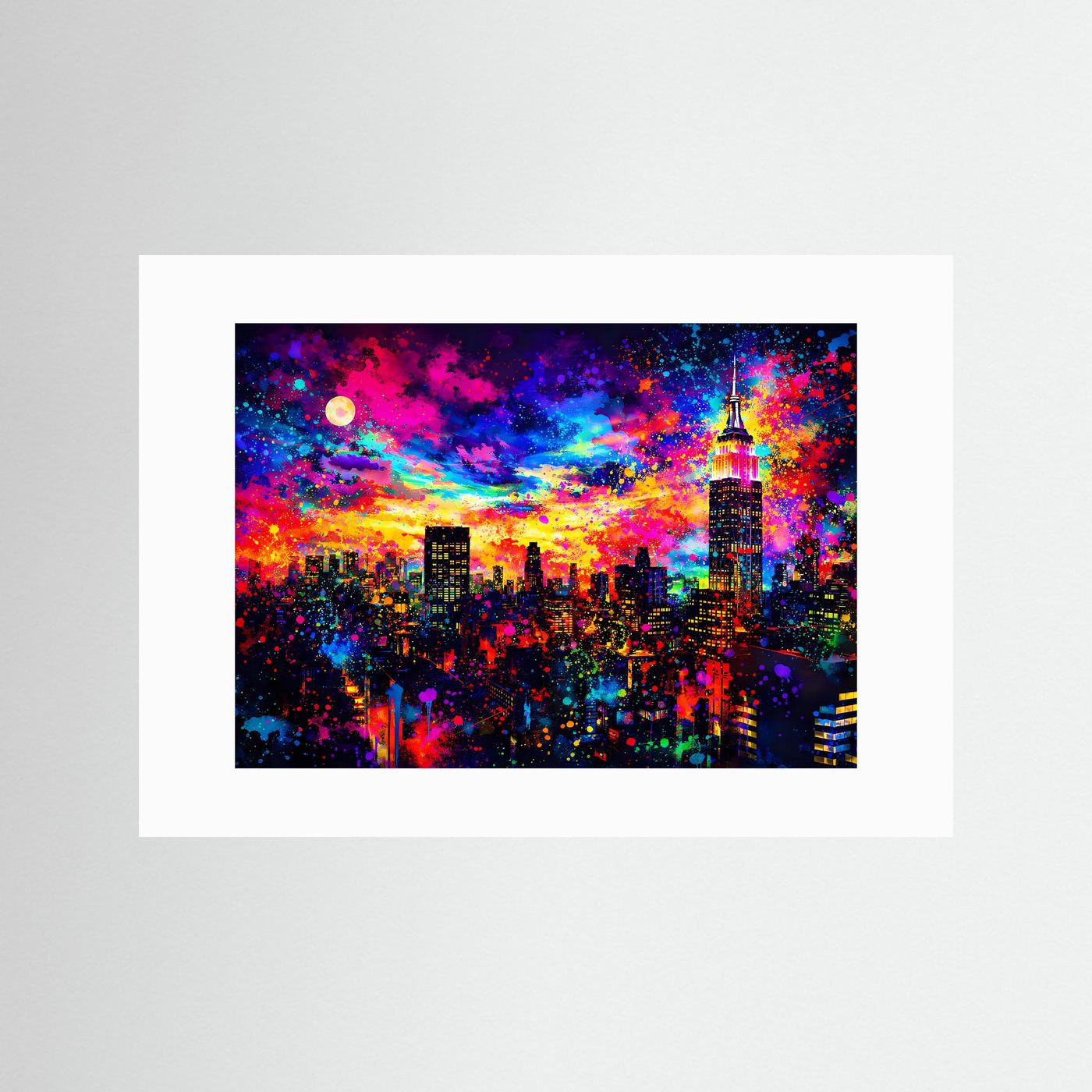 Wandbild im weißen Passepartout: Empire State Building bei Nacht, bunte Pop-Art, Mond