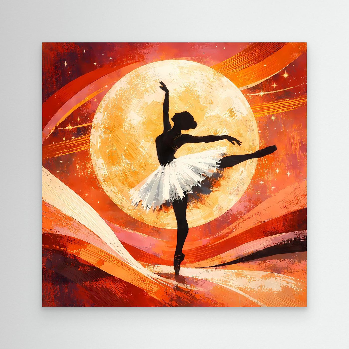 Leinwandbild mit Ballerina-Silhouette vor großer gelber Mondsichel, abstrakter Rot-Orange-Hintergrund