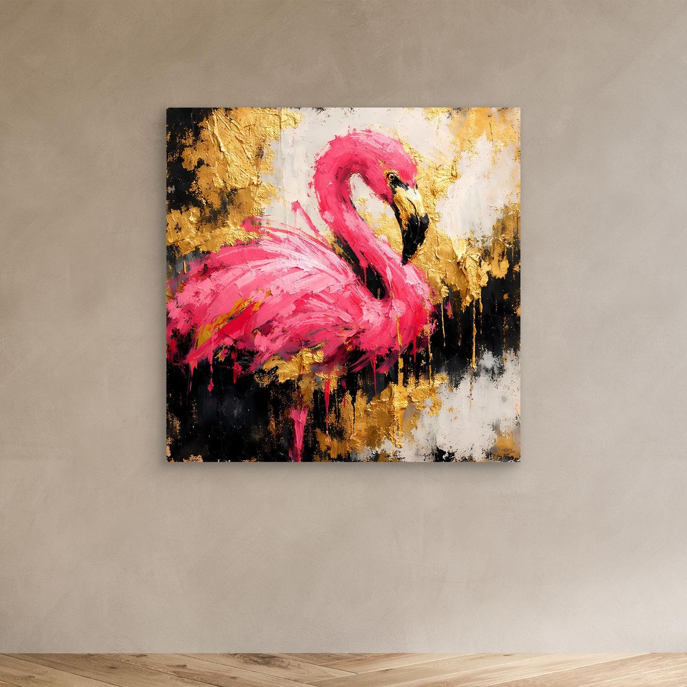 Leinwand Eleganter Flamingo in Pink und Gold | Abstraktes Modernes Tier Wandbild