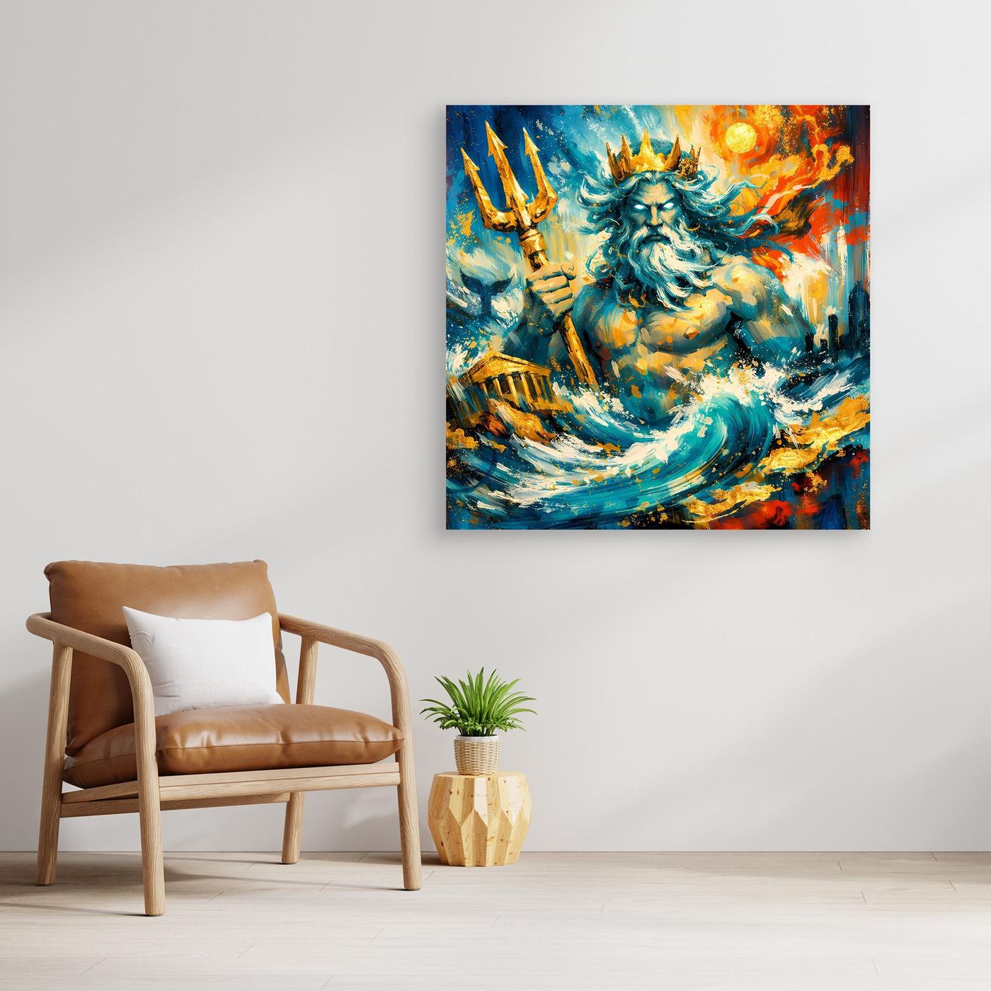 Gerahmtes Leinwandbild mit Poseidon im abstrakten Meeresmotiv, türkisfarbene Wellen
