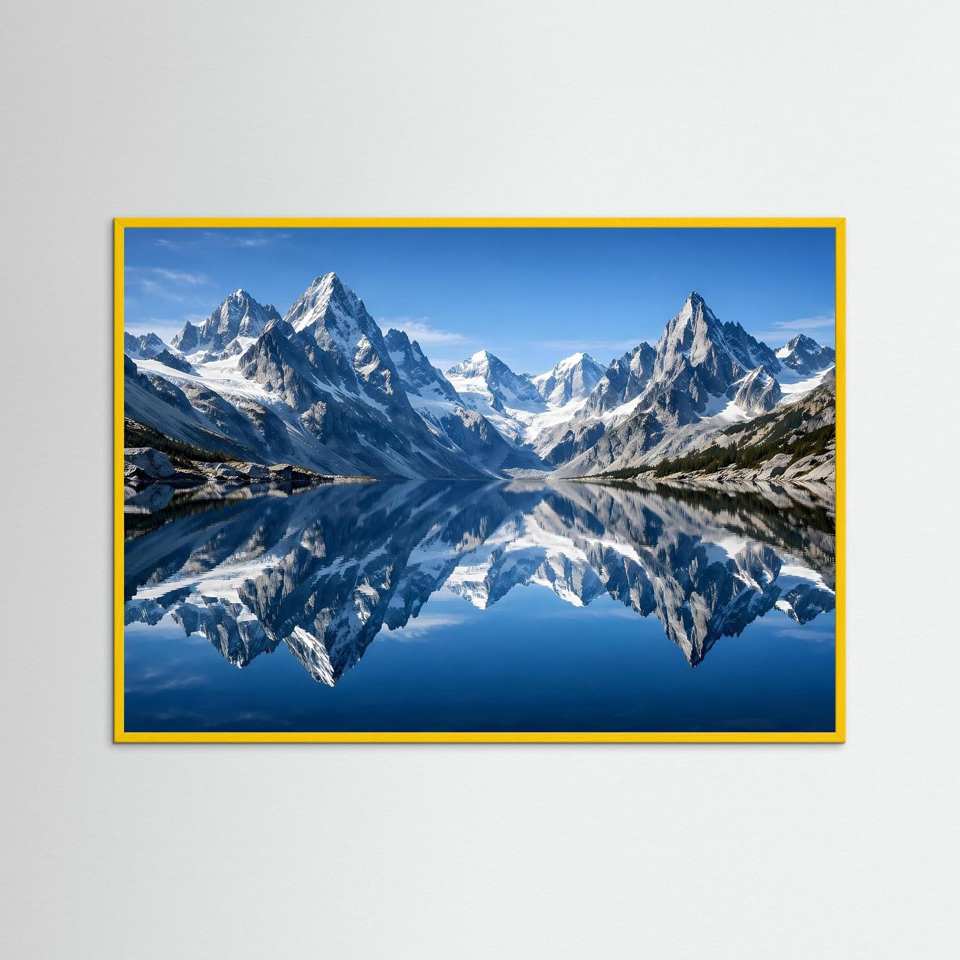 Wandbild mit Alpenpanorama und Seespiegelung, gelber Rahmen, Querformat