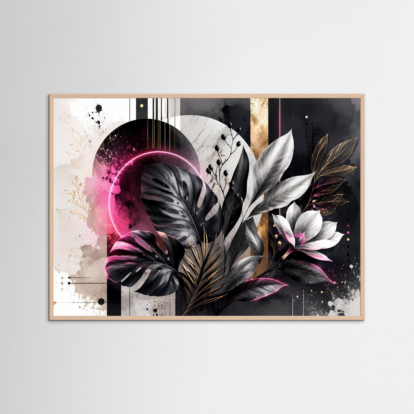 Abstrakte Botanik in Schwarz, Weiß & Pink | Monstera mit Neon & Gold – Moderne Wandkunst
