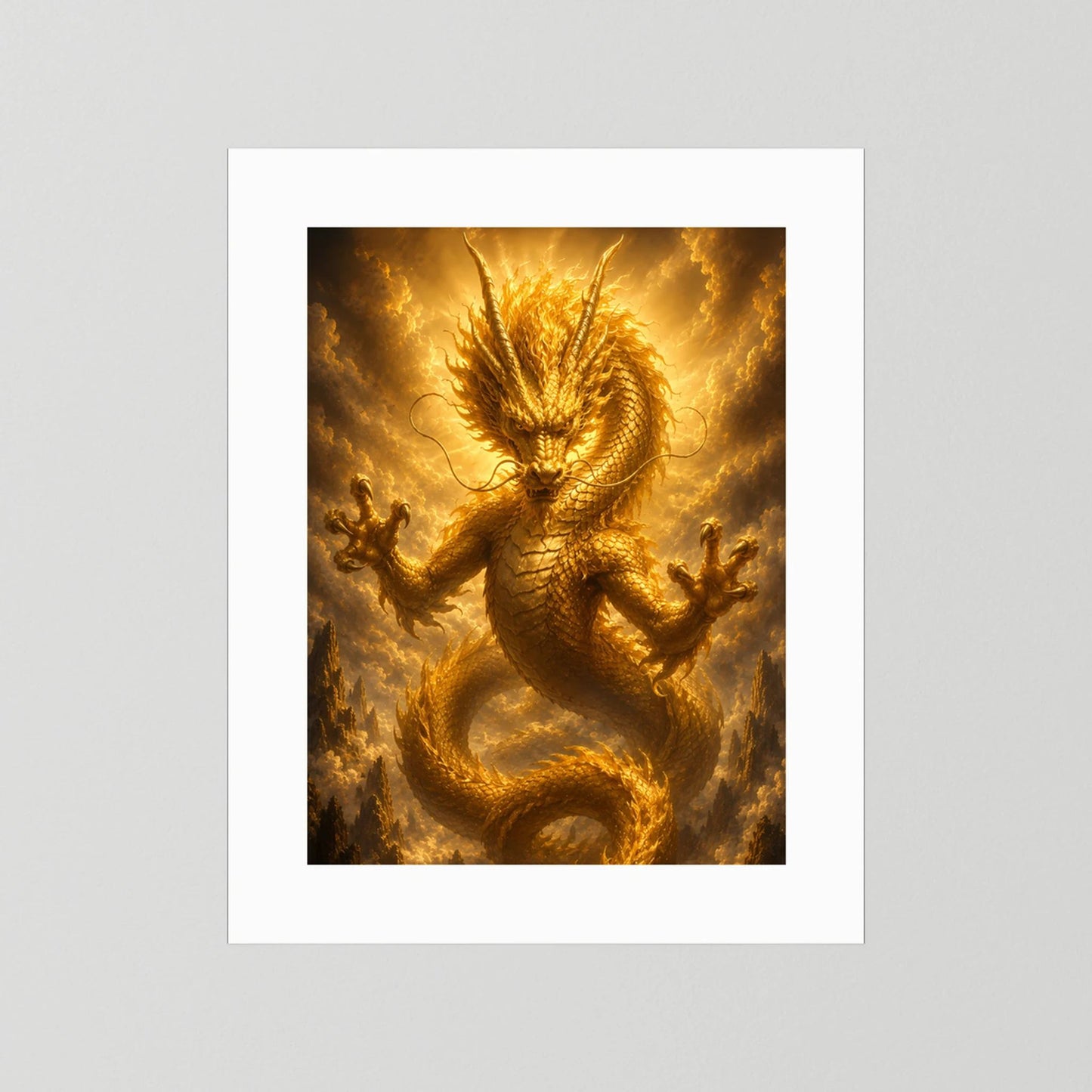 Poster im Hochformat mit goldenem chinesischem Drachen, weißer Rand