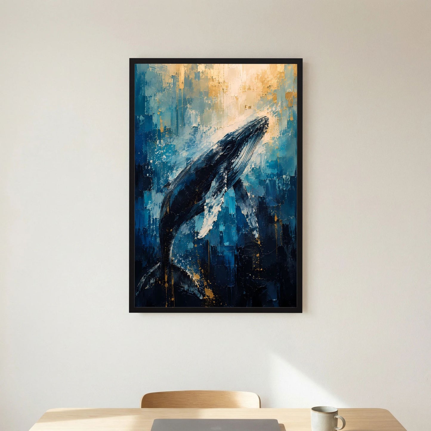 Poster im Hochformat mit Buckelwal in Blau und Gold, abstrakt, mit schwarzem Rahmen.