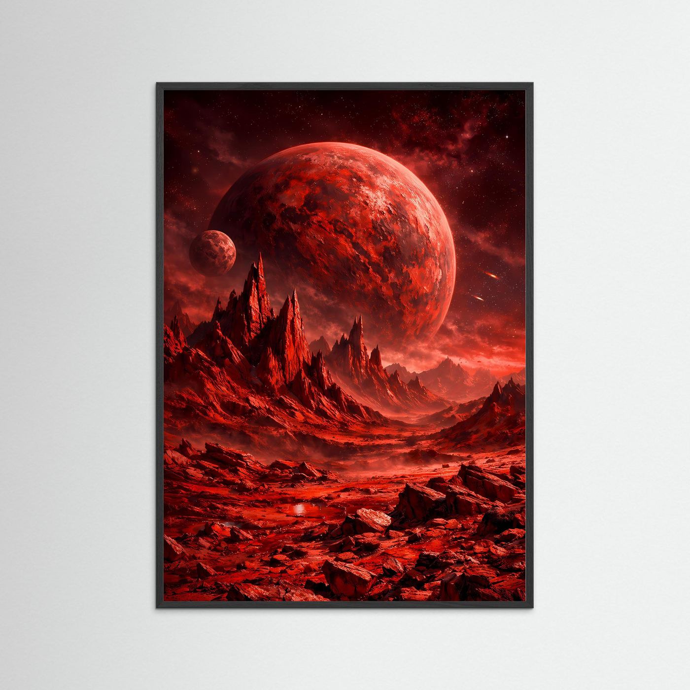 Sci‑Fi-Kunstposter mit schwarzem Rahmen: roter Planet, Felszacken, rote Weltraumlandschaft