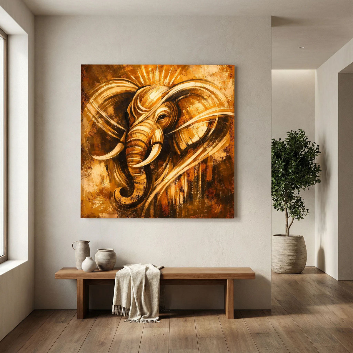 Abstraktes Wandbild mit goldfarbenem Elefantengesicht und strahlendem Wirbel