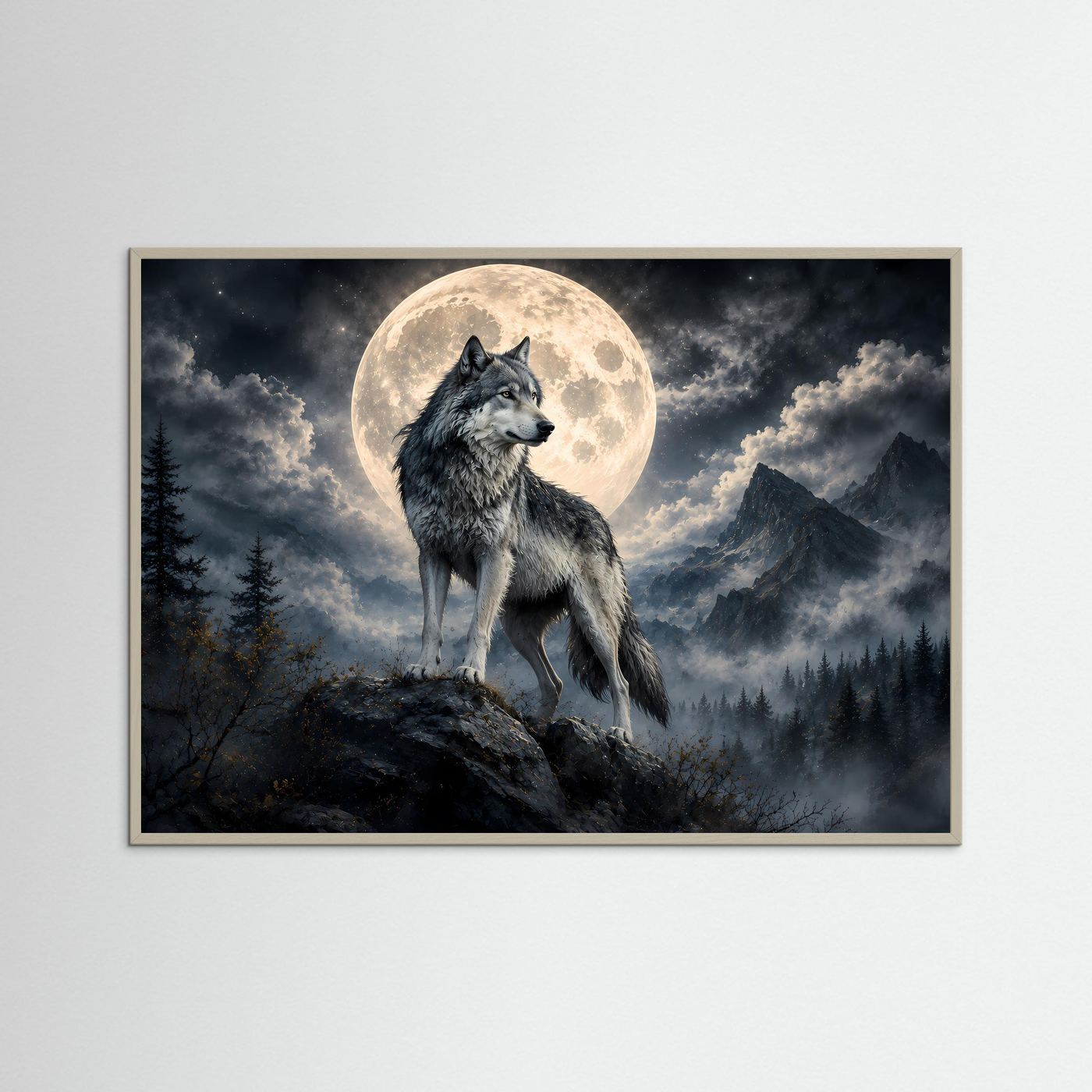 Wolf vor Vollmond Poster | Mystische Berglandschaft bei Nacht | Majestätischer Wolf Wandbild | Mondlicht Naturkunst | Premium Leinwand & Wall Art