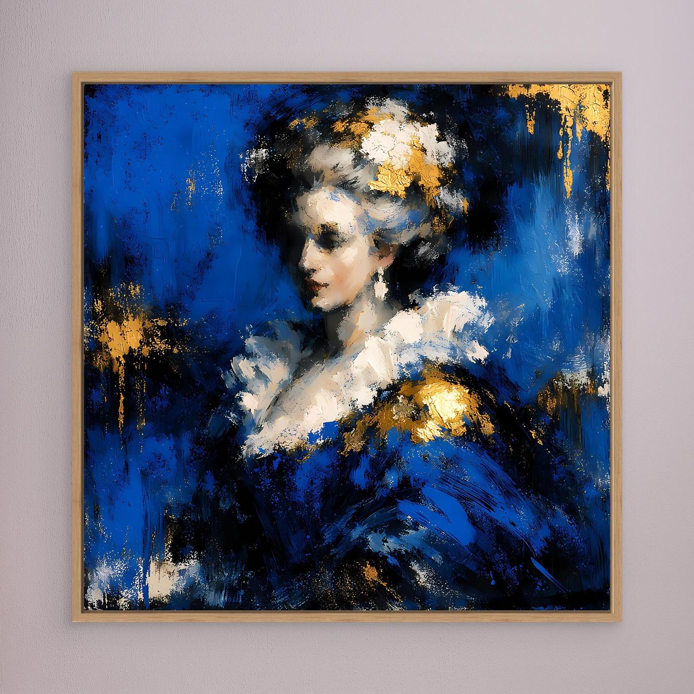 Leinwand Elegante Barock-Dame in Blau und Gold | Abstraktes Porträt Wandbild